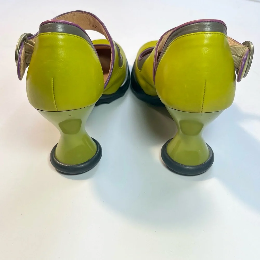 SOLD Fluevog Elif Mary Jane Mini Heels Shoes Olive Green Purple Buckle Strap - Picture 7 of 14